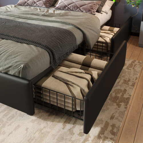 Bettgestell mit LED-Beleuchtungsleiste und 4 Schubladen, Doppelbett Polsterbett 140x200cm, Höhenverstellbarem Kopfteil, Funktionsbett