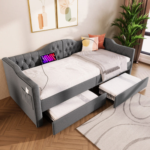 Polsterbett Daybett Schlafsofa Stauraumbetten Bettgestell mit USB Type C Ladefunktion und 2 Schubladen