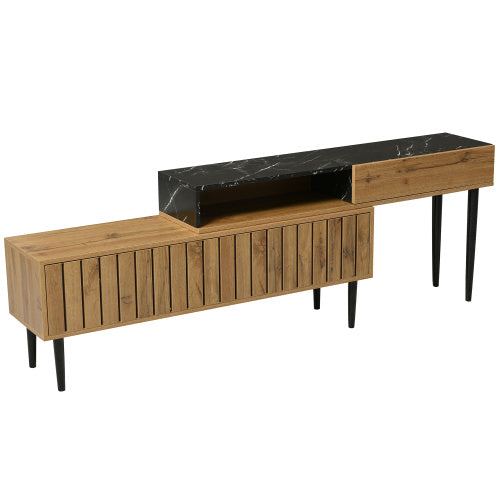 TV-Ständer mit Marmor- und Holzmaserungsdesign, PVC-Kante, Eisenbeinen, dunkle Holzfarbe, Heimdekoration, platzsparend, langlebig.