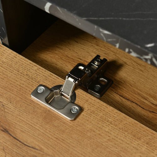 TV-Ständer mit Marmor- und Holzmaserungsdesign, PVC-Kante, Eisenbeinen, dunkle Holzfarbe, Heimdekoration, platzsparend, langlebig.