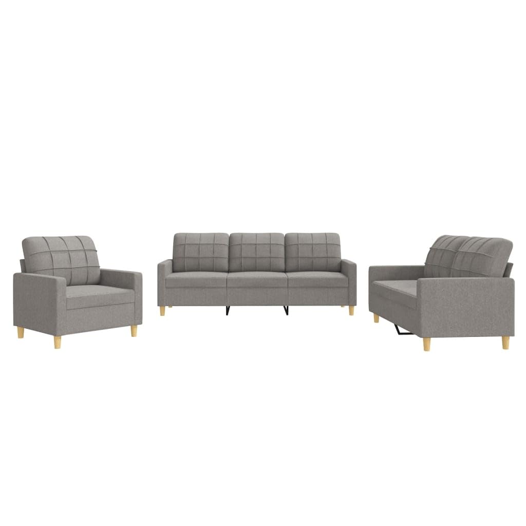 Sofa-Set 3-teilig mit Armchair, Couch mit Kissen, Wohnzimmer-Sofa mit Armlehnen, Sofaset, Designer-Sofa, Sitzmöbel, Polstermöbel, Hellgraues Stoffdesign