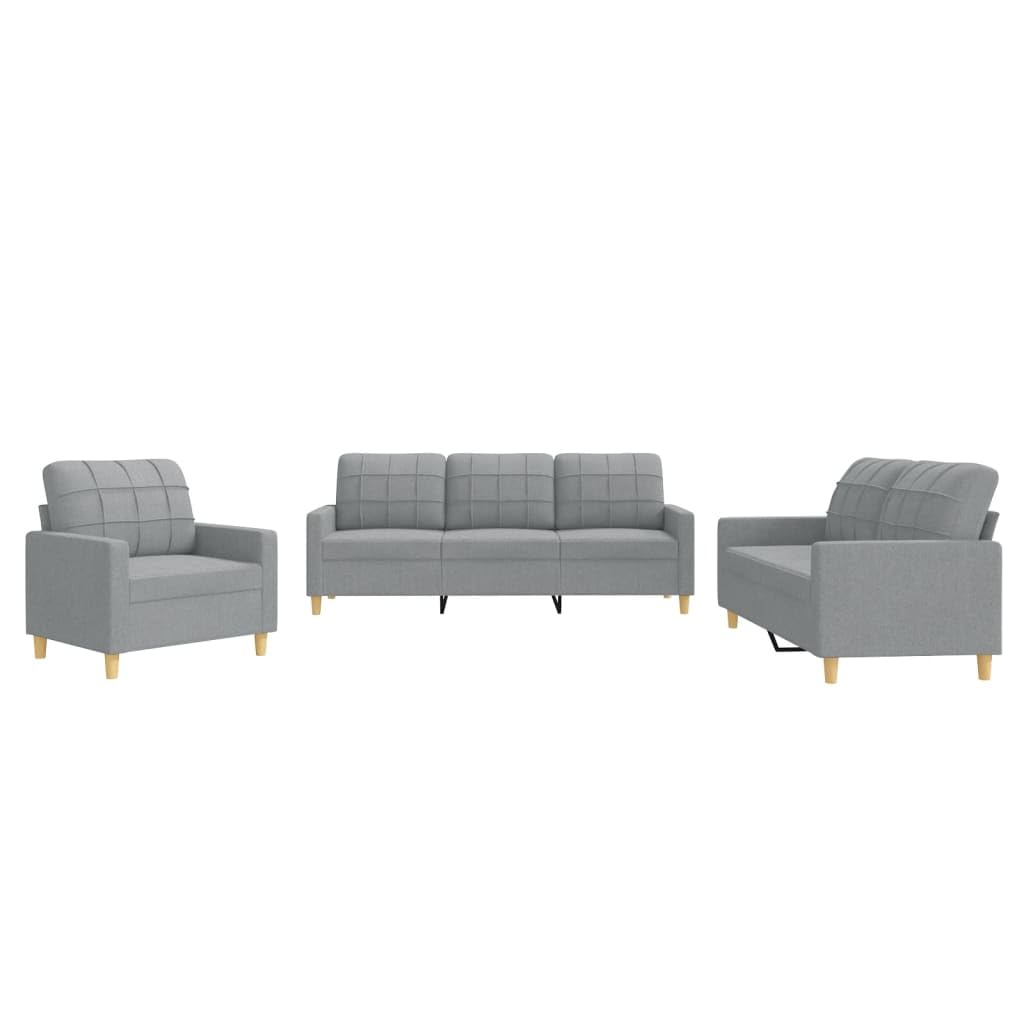 Sofa-Set 3-teilig mit Armchair, Couch mit Kissen, Wohnzimmer-Sofa mit Armlehnen, Sofaset, Designer-Sofa, Sitzmöbel, Polstermöbel, Hellgraues Stoffdesign