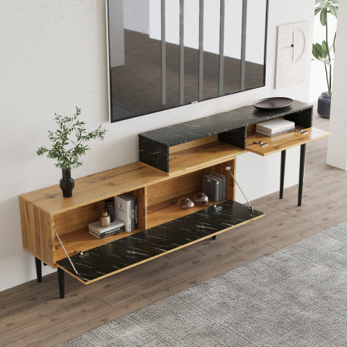 TV-Ständer mit Marmor- und Holzmaserungsdesign, PVC-Kante, Eisenbeinen, dunkle Holzfarbe, Heimdekoration, platzsparend, langlebig.