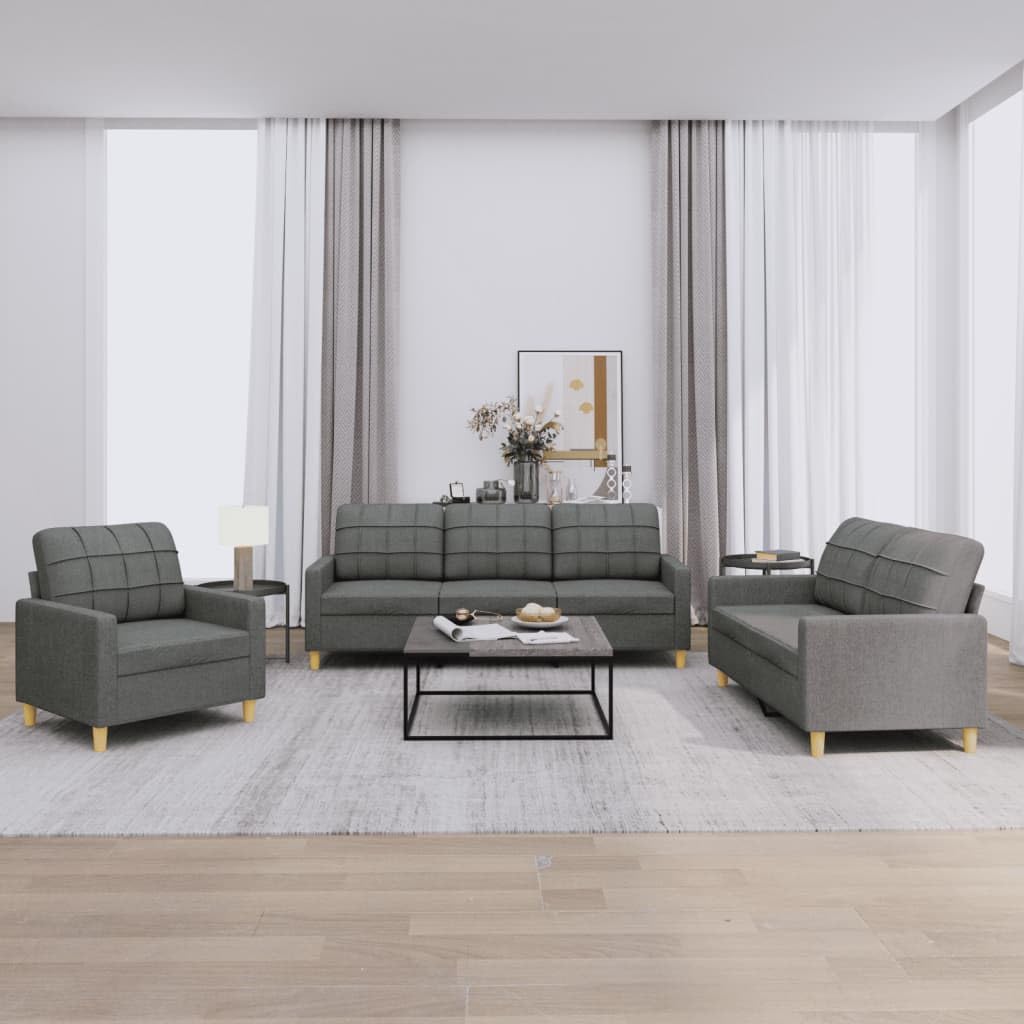 Sofa-Set 3-teilig mit Armchair, Couch mit Kissen, Wohnzimmer-Sofa mit Armlehnen, Sofaset, Designer-Sofa, Sitzmöbel, Polstermöbel, Hellgraues Stoffdesign