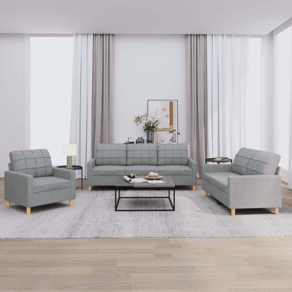 Sofa-Set 3-teilig mit Armchair, Couch mit Kissen, Wohnzimmer-Sofa mit Armlehnen, Sofaset, Designer-Sofa, Sitzmöbel, Polstermöbel, Hellgraues Stoffdesign