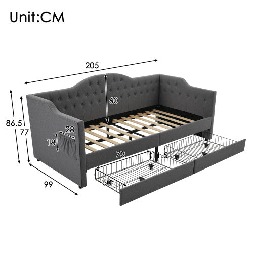 Polsterbett Daybett Schlafsofa Stauraumbetten Bettgestell mit USB Type C Ladefunktion und 2 Schubladen