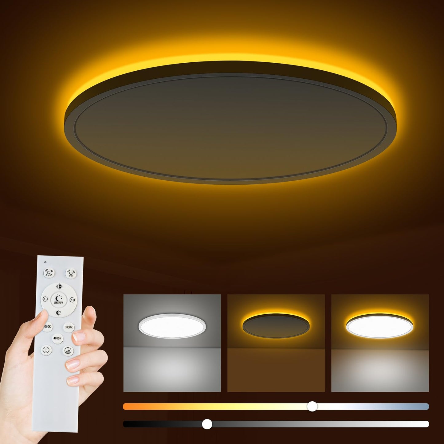 Bowfar LED-Flat-Deckenleuchte, 24 W, 3200 lm, Deckenleuchte mit Fernbedienung, dimmbar von 3000 K bis 6500 K, Nachtlicht bei 1800 K, bernsteinfarben, Badezimmerlampe für Wohnzimmer, Küche, Kinderzimmer, Flur