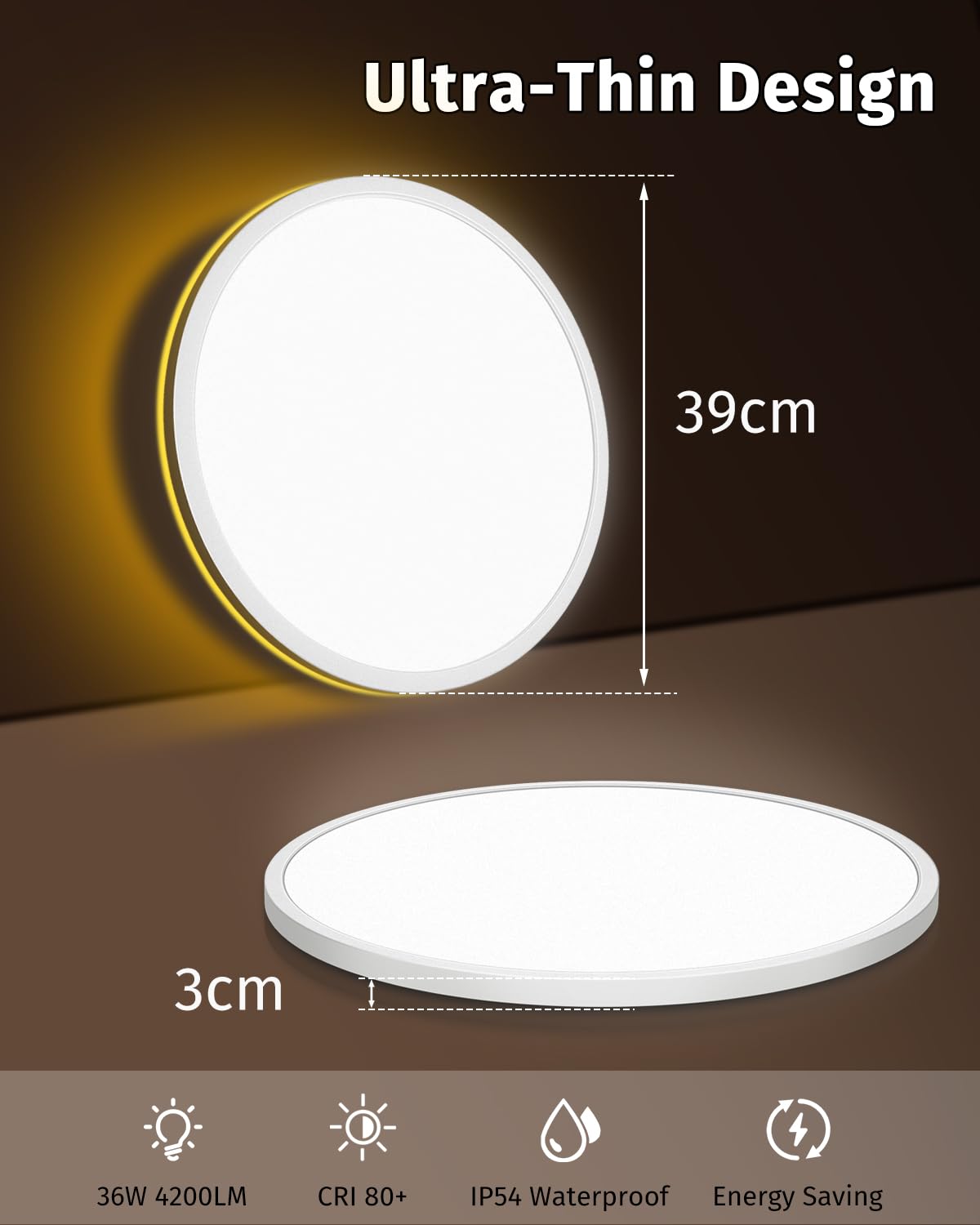 Bowfar LED-Flat-Deckenleuchte, 24 W, 3200 lm, Deckenleuchte mit Fernbedienung, dimmbar von 3000 K bis 6500 K, Nachtlicht bei 1800 K, bernsteinfarben, Badezimmerlampe für Wohnzimmer, Küche, Kinderzimmer, Flur