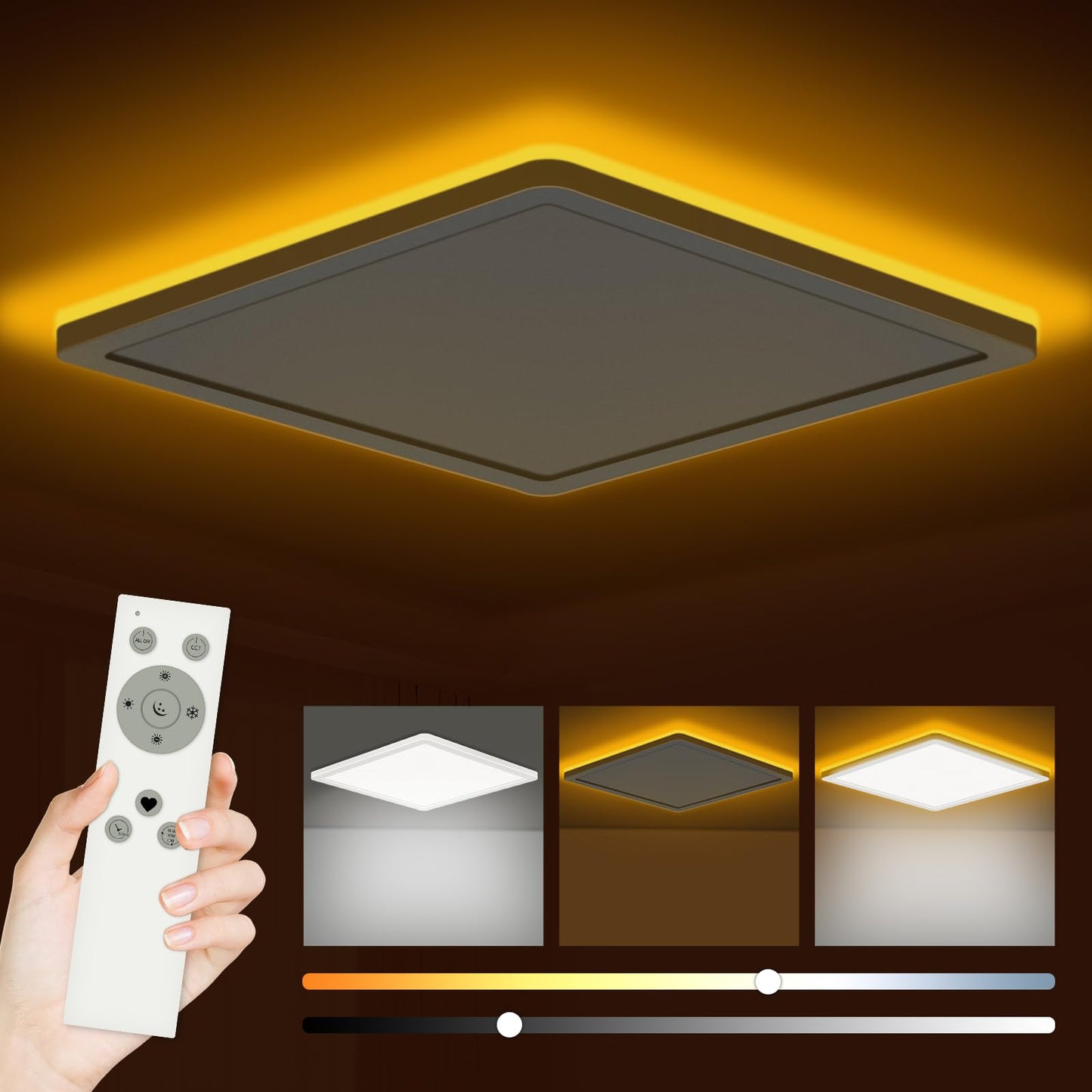 Bowfar LED-Flat-Deckenleuchte, 24 W, 3200 lm, Deckenleuchte mit Fernbedienung, dimmbar von 3000 K bis 6500 K, Nachtlicht bei 1800 K, bernsteinfarben, Badezimmerlampe für Wohnzimmer, Küche, Kinderzimmer, Flur
