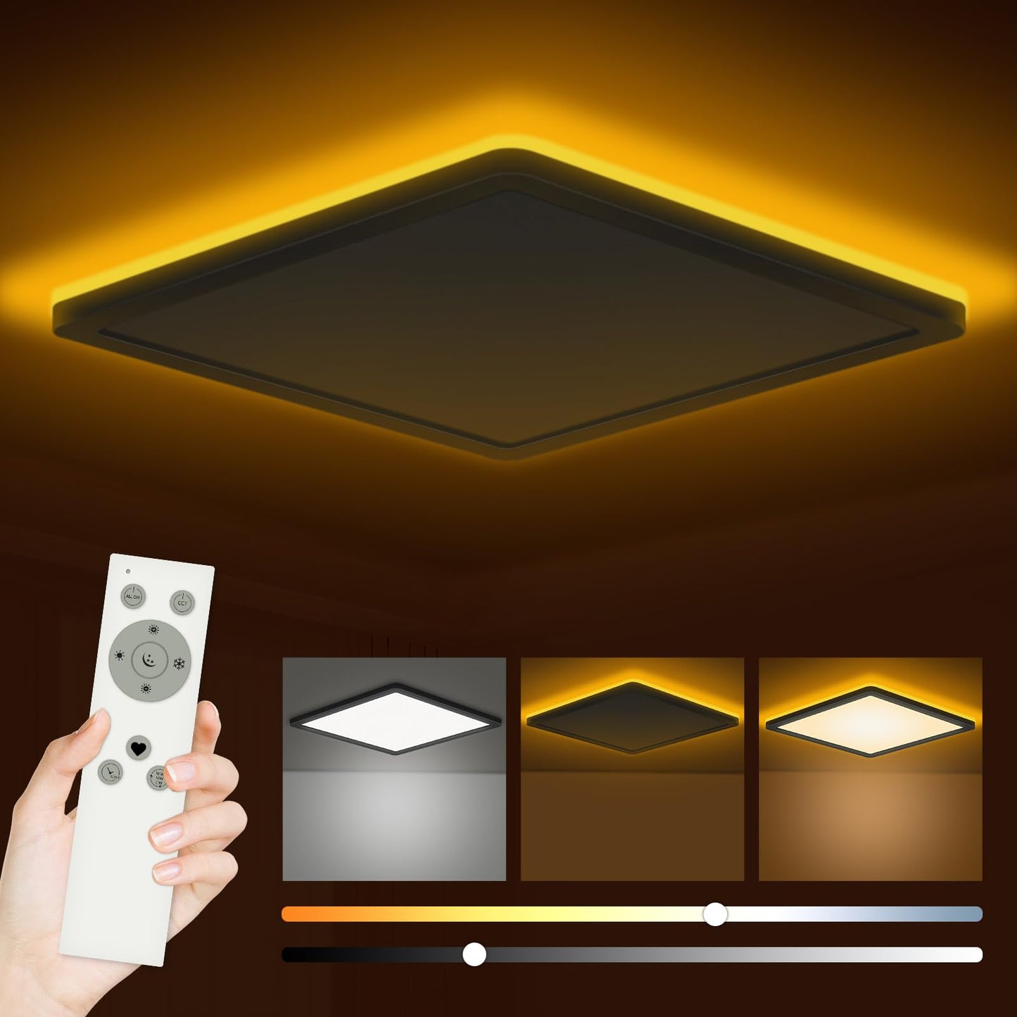 Bowfar LED-Flat-Deckenleuchte, 24 W, 3200 lm, Deckenleuchte mit Fernbedienung, dimmbar von 3000 K bis 6500 K, Nachtlicht bei 1800 K, bernsteinfarben, Badezimmerlampe für Wohnzimmer, Küche, Kinderzimmer, Flur