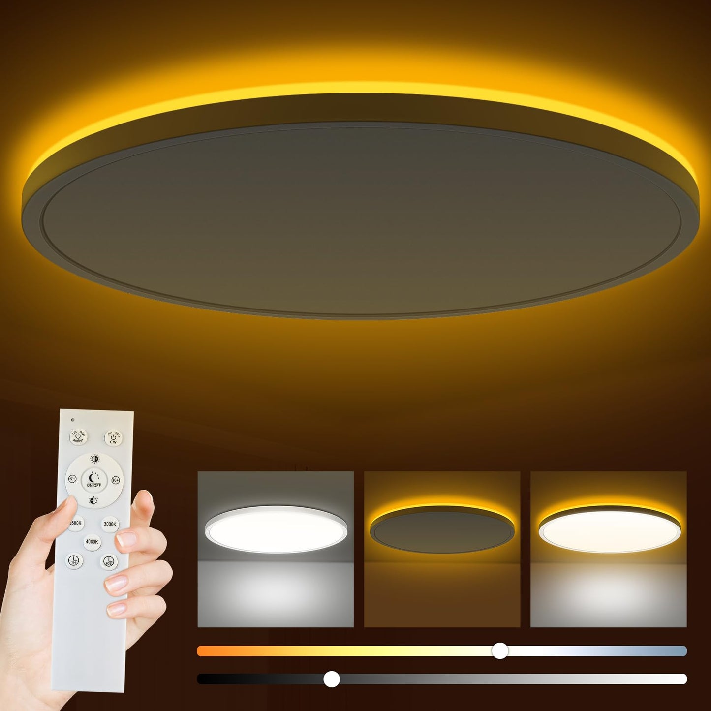 Bowfar LED-Flat-Deckenleuchte, 24 W, 3200 lm, Deckenleuchte mit Fernbedienung, dimmbar von 3000 K bis 6500 K, Nachtlicht bei 1800 K, bernsteinfarben, Badezimmerlampe für Wohnzimmer, Küche, Kinderzimmer, Flur