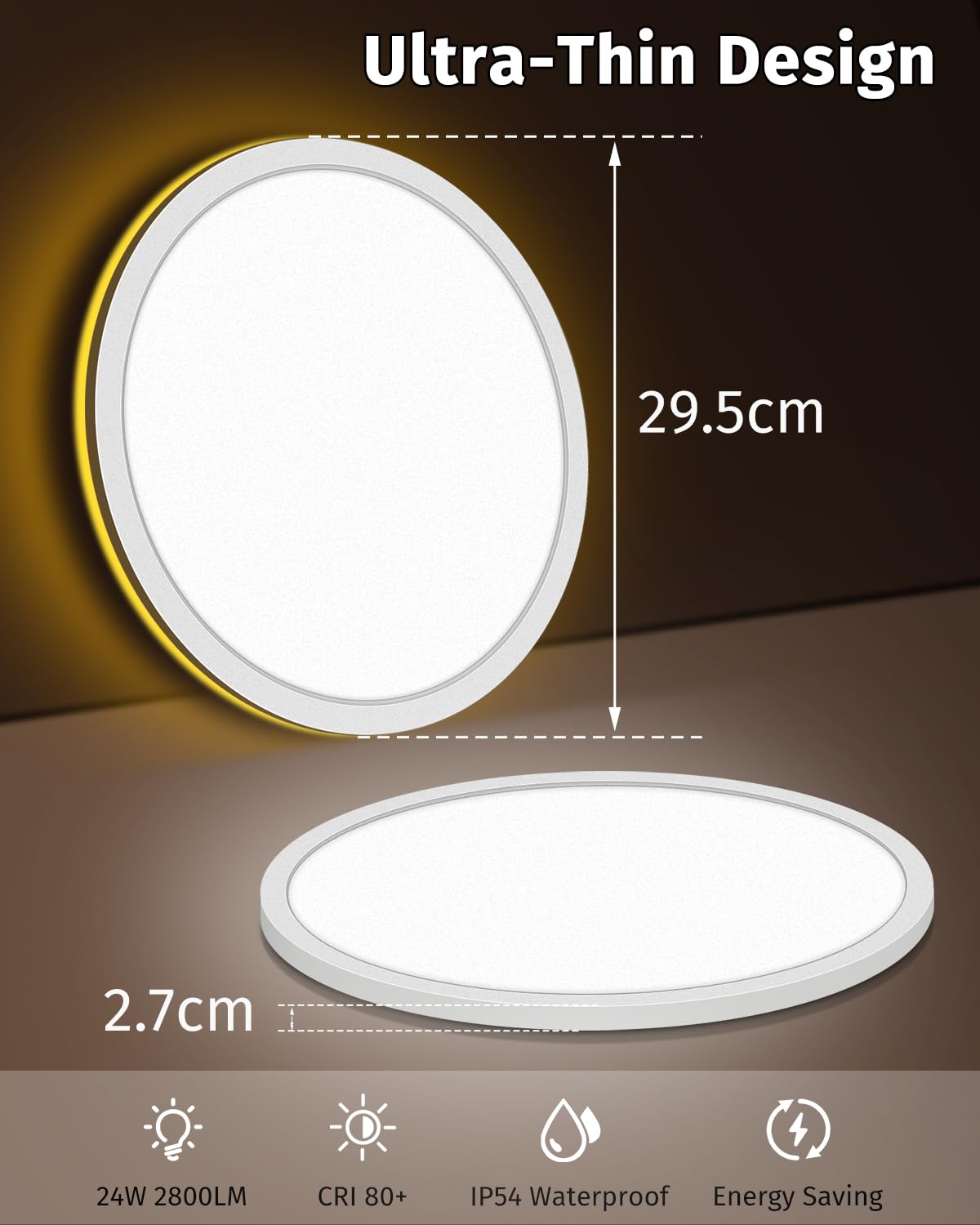 Bowfar LED-Flat-Deckenleuchte, 24 W, 3200 lm, Deckenleuchte mit Fernbedienung, dimmbar von 3000 K bis 6500 K, Nachtlicht bei 1800 K, bernsteinfarben, Badezimmerlampe für Wohnzimmer, Küche, Kinderzimmer, Flur