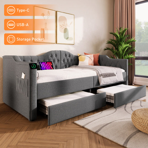 Polsterbett Daybett Schlafsofa Stauraumbetten Bettgestell mit USB Type C Ladefunktion und 2 Schubladen