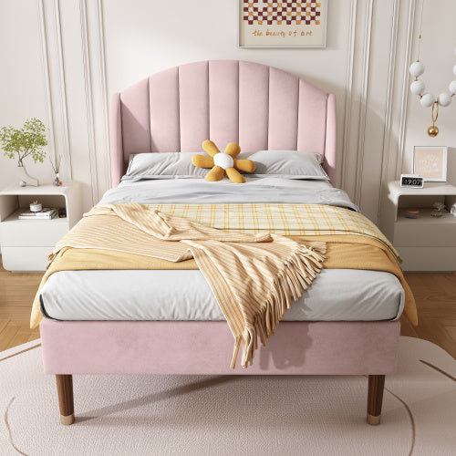 Polsterbett 90*200 mit Lattenrost und Kopfteil, Jugendbett, Einzelbett, Holzlattenunterstützung, Einfache Montage, Samt, Rosa