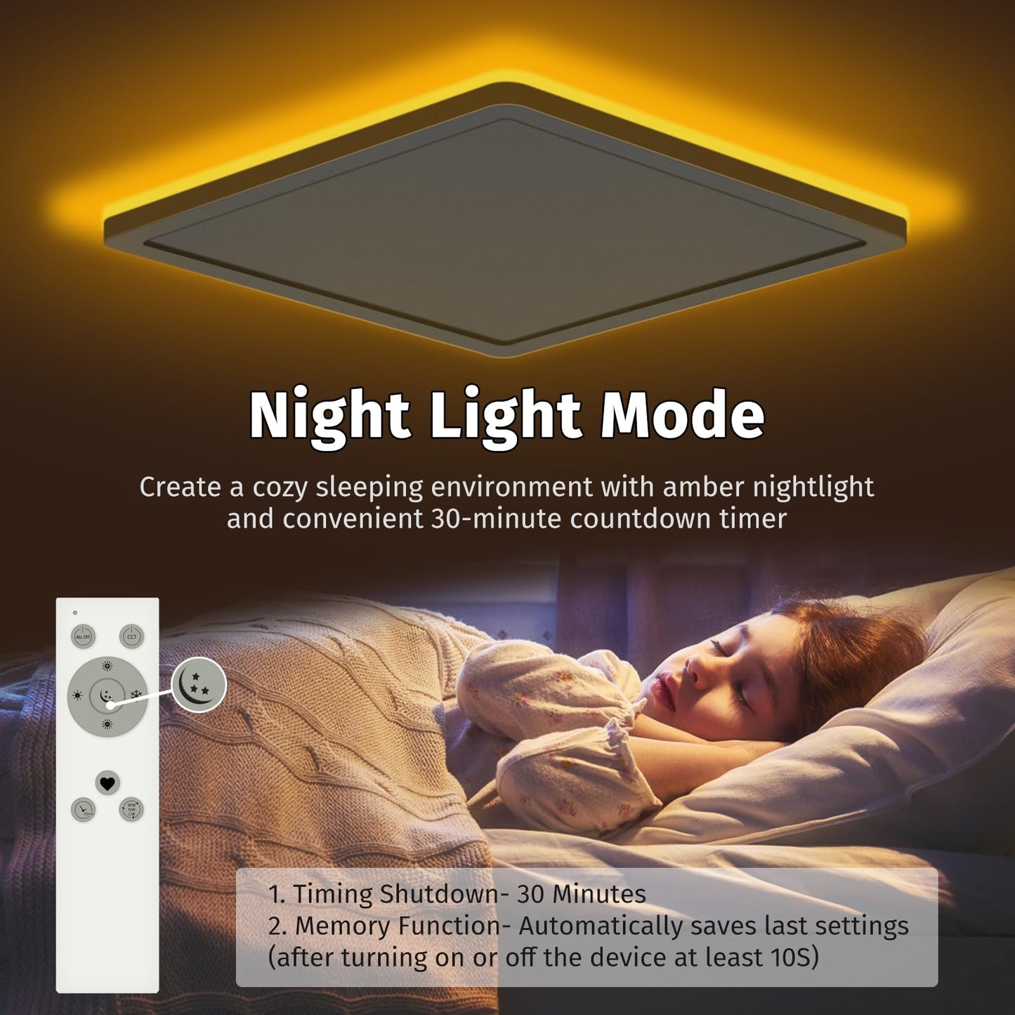 Bowfar LED-Flat-Deckenleuchte, 24 W, 3200 lm, Deckenleuchte mit Fernbedienung, dimmbar von 3000 K bis 6500 K, Nachtlicht bei 1800 K, bernsteinfarben, Badezimmerlampe für Wohnzimmer, Küche, Kinderzimmer, Flur