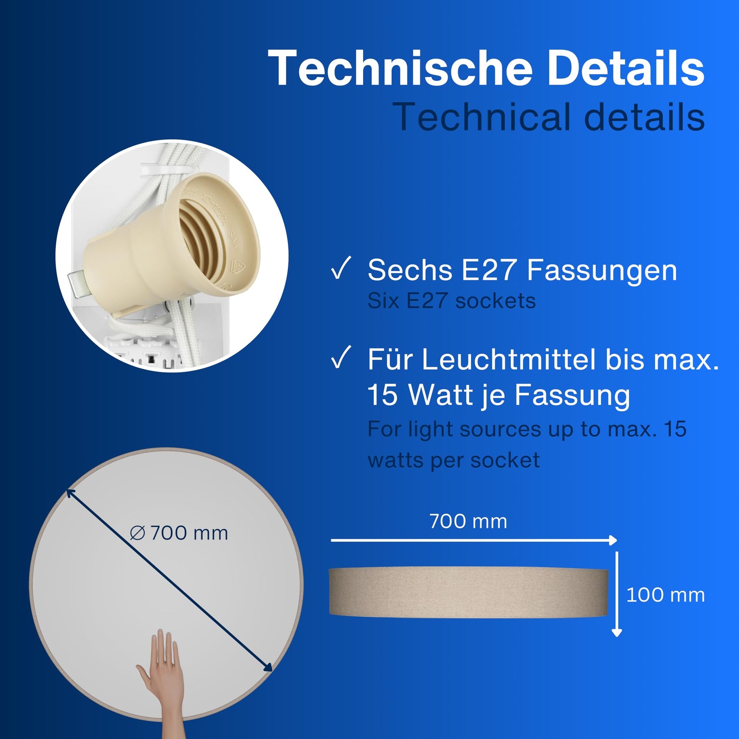 REV LED Deckenleuchte - Deckenlampe Schlafzimmer, Wohnzimmer & Küche rund 30cm mit Stoff-Lampenschirm im Vintage-Look, taupe