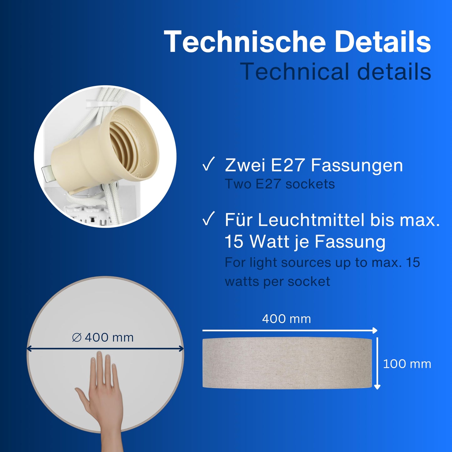 REV LED Deckenleuchte - Deckenlampe Schlafzimmer, Wohnzimmer & Küche rund 30cm mit Stoff-Lampenschirm im Vintage-Look, taupe