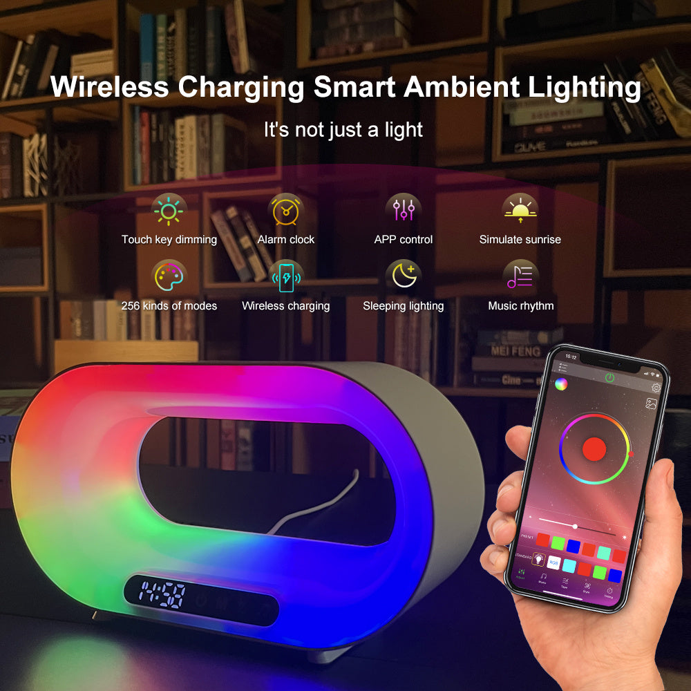 Multi-Funktions 3-in-1 LED-Nachtlicht mit APP-Steuerung, RGB-Atmosphärentischlampe, intelligenter Multifunktions-Wireless-Ladegerät, Wecker