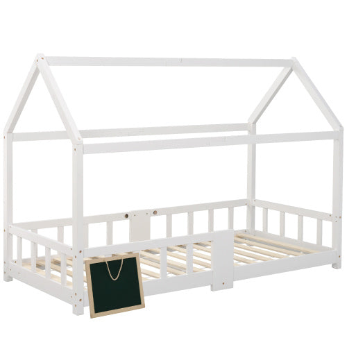 Kiefernholz Kinderbett 90 x 200 cm inkl.Tafel Lattenrosten Rausfallschutz, aus KiefernholzWeiß