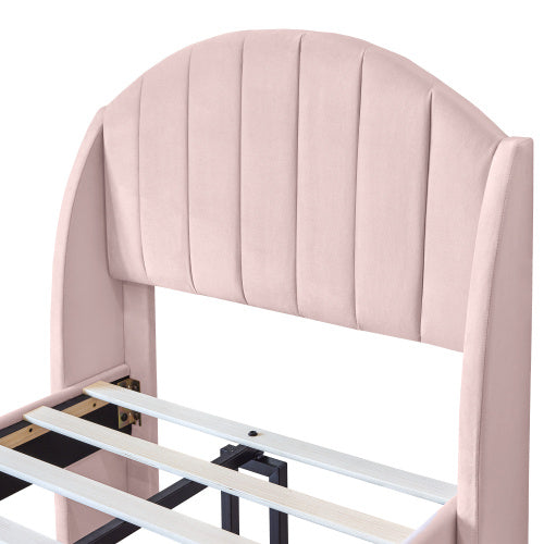 Polsterbett 90*200 mit Lattenrost und Kopfteil, Jugendbett, Einzelbett, Holzlattenunterstützung, Einfache Montage, Samt, Rosa