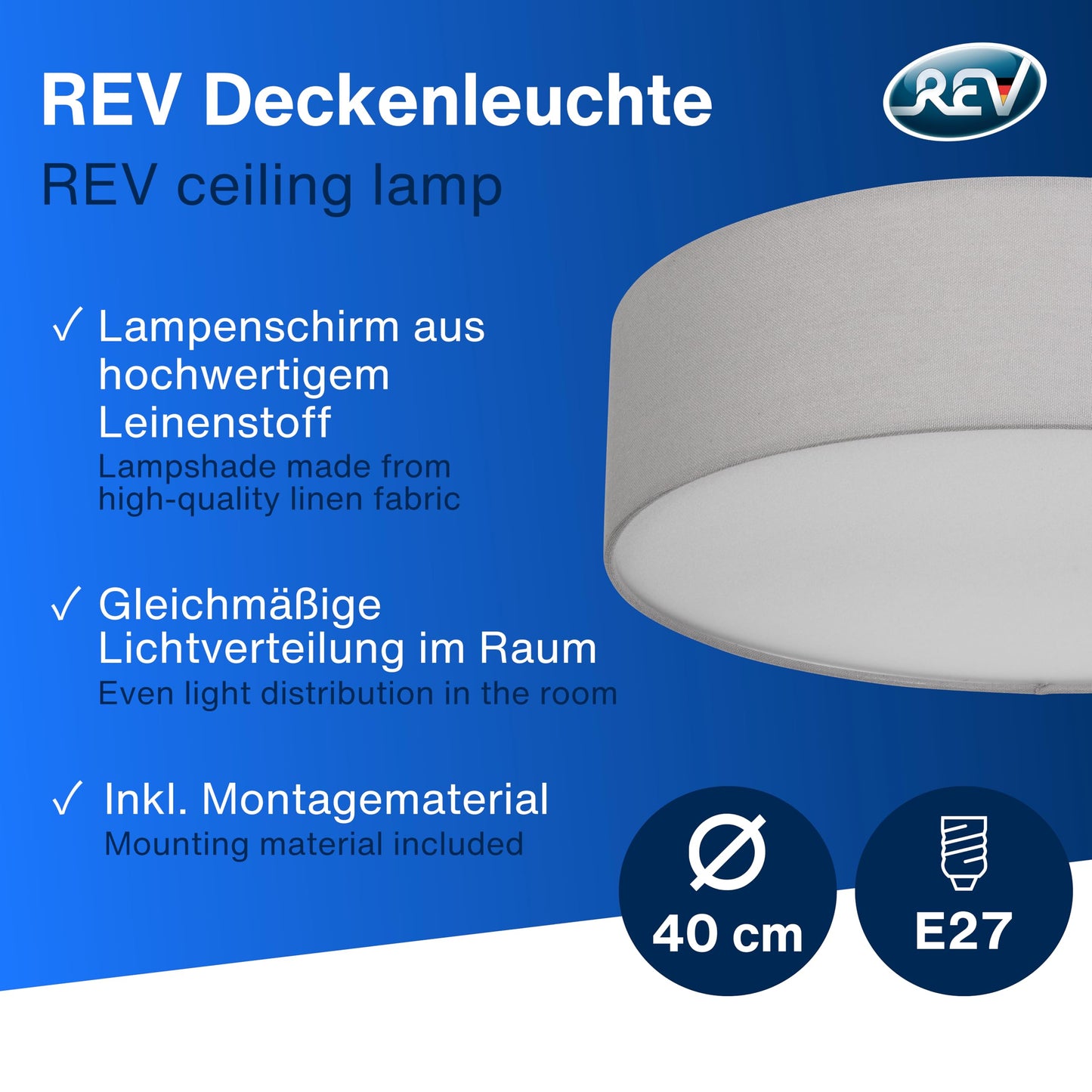 REV LED Deckenleuchte - Deckenlampe Schlafzimmer, Wohnzimmer & Küche rund 30cm mit Stoff-Lampenschirm im Vintage-Look, taupe