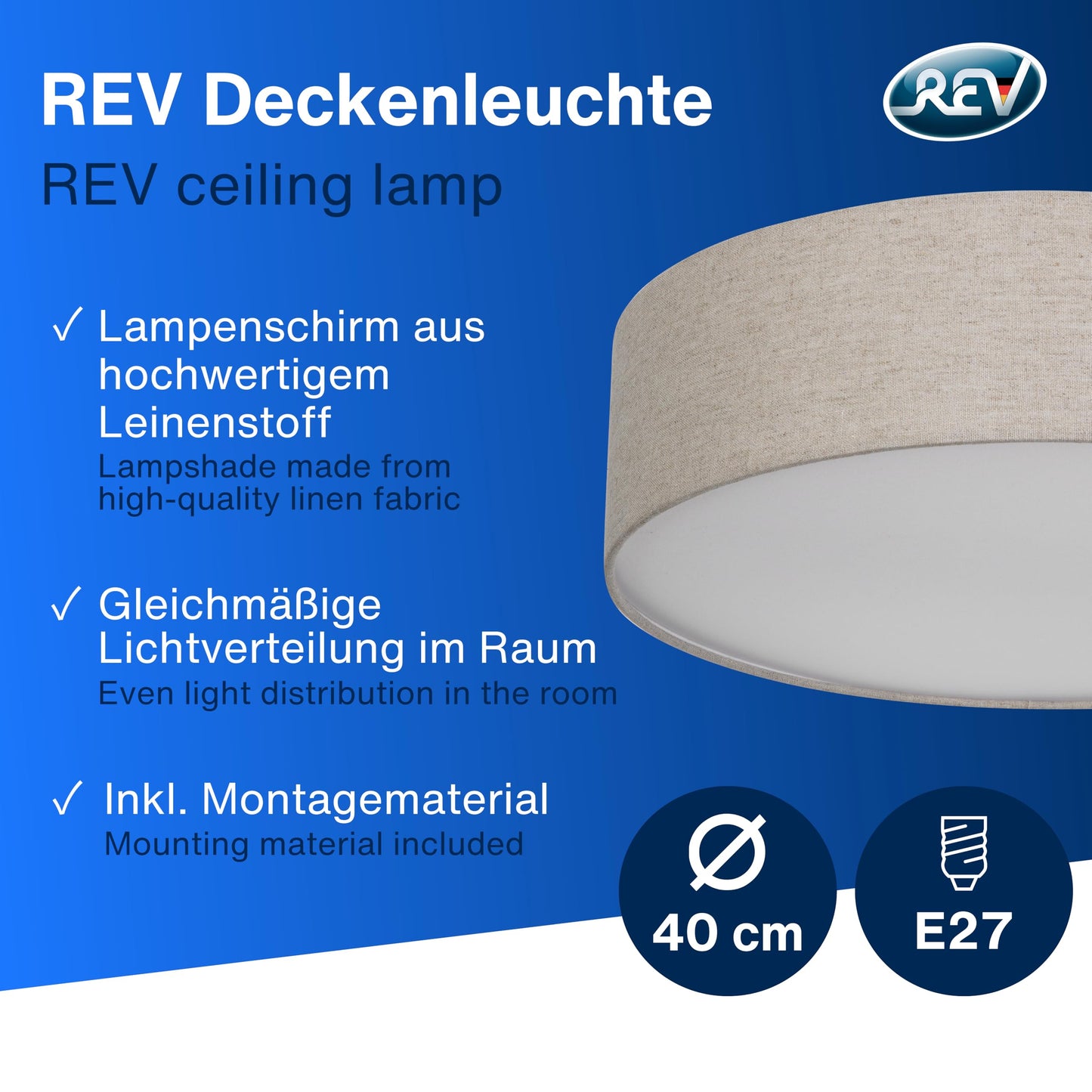 REV LED Deckenleuchte - Deckenlampe Schlafzimmer, Wohnzimmer & Küche rund 30cm mit Stoff-Lampenschirm im Vintage-Look, taupe