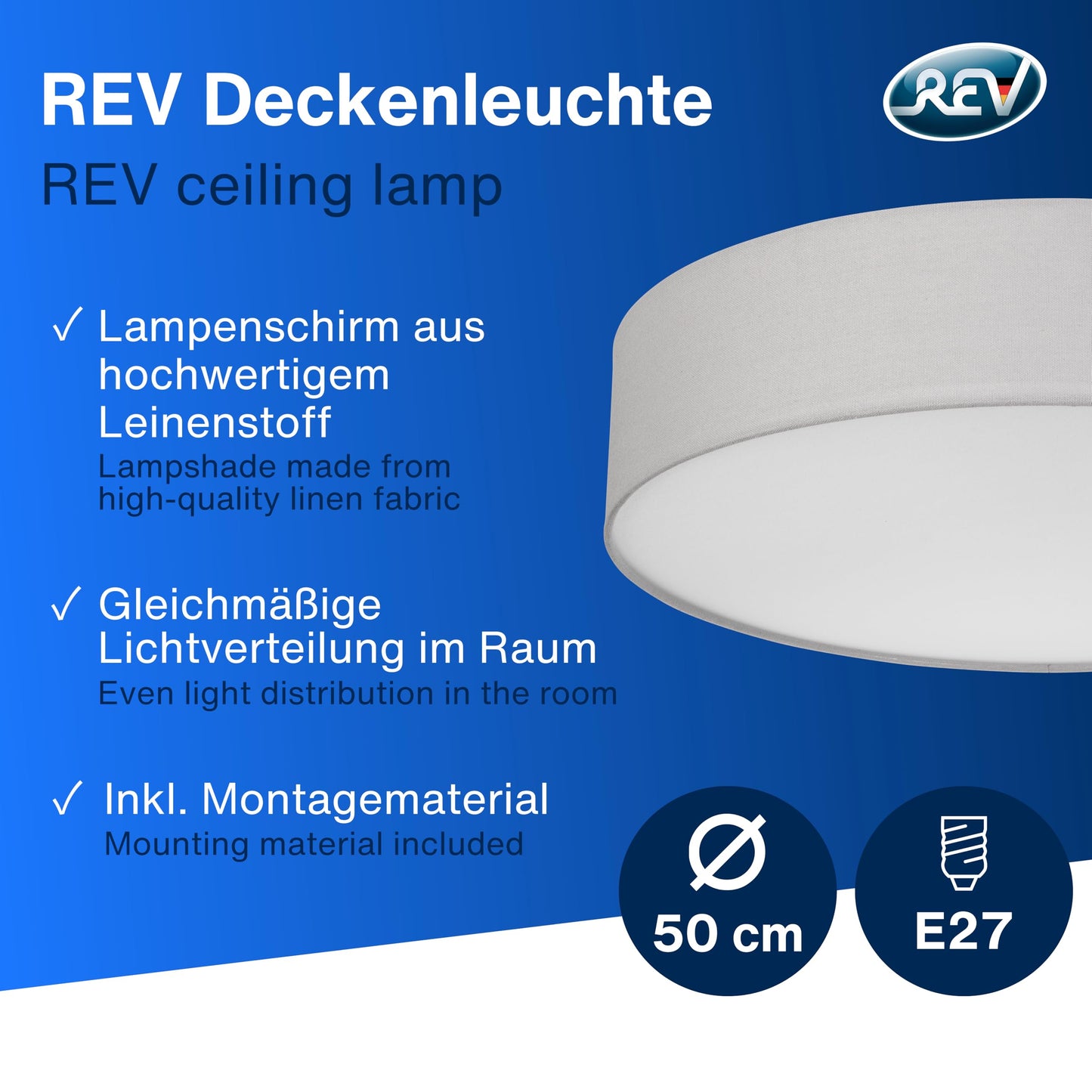 REV LED Deckenleuchte - Deckenlampe Schlafzimmer, Wohnzimmer & Küche rund 30cm mit Stoff-Lampenschirm im Vintage-Look, taupe