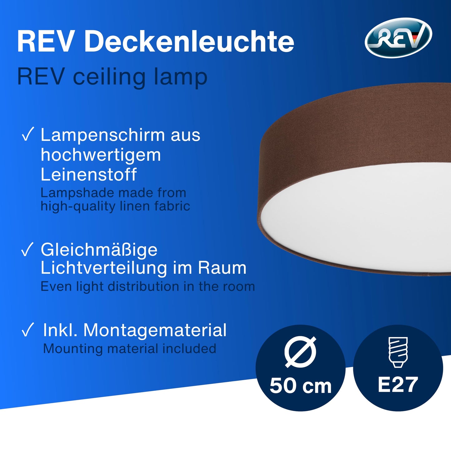 REV LED Deckenleuchte - Deckenlampe Schlafzimmer, Wohnzimmer & Küche rund 30cm mit Stoff-Lampenschirm im Vintage-Look, taupe