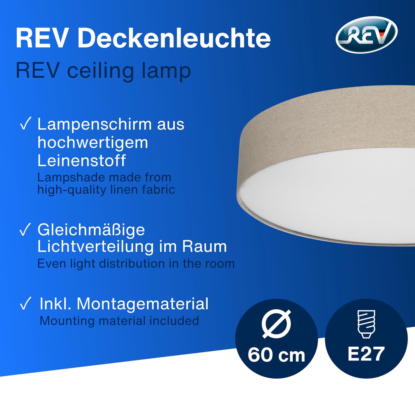 REV LED Deckenleuchte - Deckenlampe Schlafzimmer, Wohnzimmer & Küche rund 30cm mit Stoff-Lampenschirm im Vintage-Look, taupe