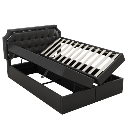 Doppelbett mit Lattenrost aus Metallrahmen, Großer Stauraum, Beidseitig zu öffnen, Schwarz