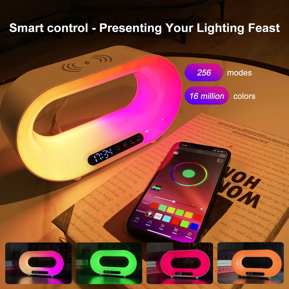 Multi-Funktions 3-in-1 LED-Nachtlicht mit APP-Steuerung, RGB-Atmosphärentischlampe, intelligenter Multifunktions-Wireless-Ladegerät, Wecker