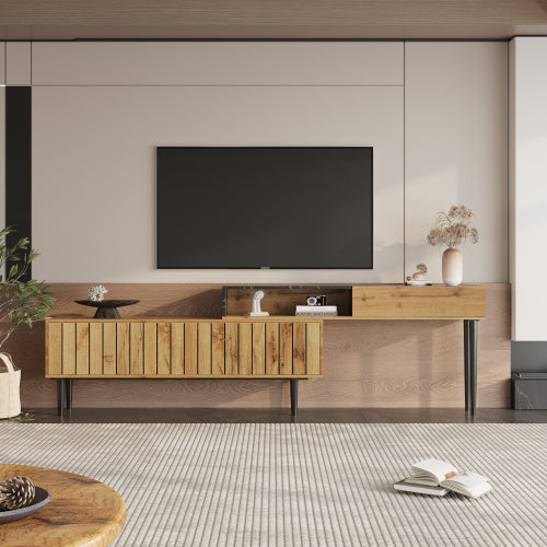 TV-Ständer mit Marmor- und Holzmaserungsdesign, PVC-Kante, Eisenbeinen, dunkle Holzfarbe, Heimdekoration, platzsparend, langlebig.