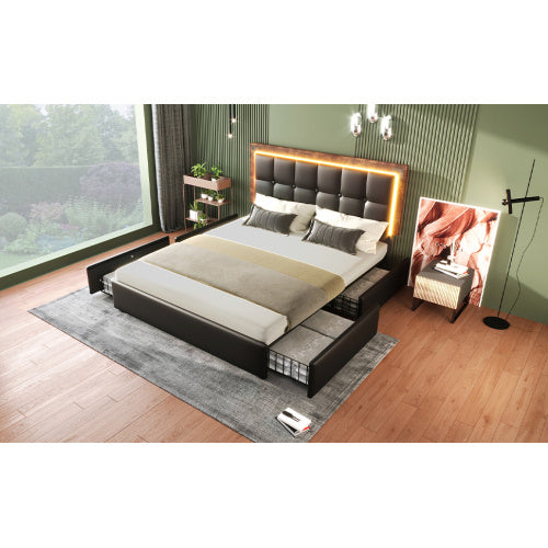 Bettgestell mit LED-Beleuchtungsleiste und 4 Schubladen, Doppelbett Polsterbett 140x200cm, Höhenverstellbarem Kopfteil, Funktionsbett