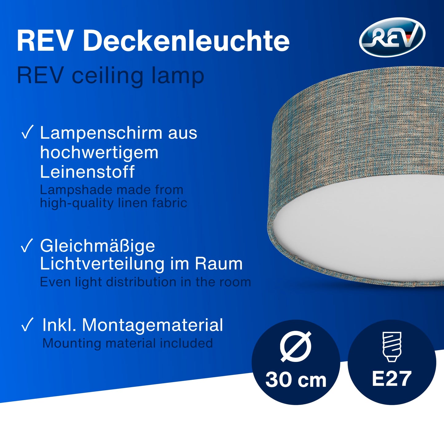 REV LED Deckenleuchte - Deckenlampe Schlafzimmer, Wohnzimmer & Küche rund 30cm mit Stoff-Lampenschirm im Vintage-Look, taupe