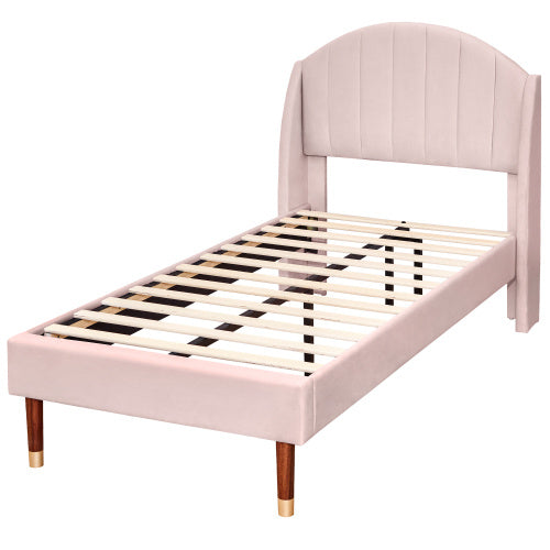Polsterbett 90*200 mit Lattenrost und Kopfteil, Jugendbett, Einzelbett, Holzlattenunterstützung, Einfache Montage, Samt, Rosa