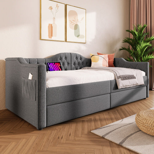 Polsterbett Daybett Schlafsofa Stauraumbetten Bettgestell mit USB Type C Ladefunktion und 2 Schubladen