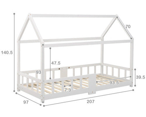 Kiefernholz Kinderbett 90 x 200 cm inkl.Tafel Lattenrosten Rausfallschutz, aus KiefernholzWeiß