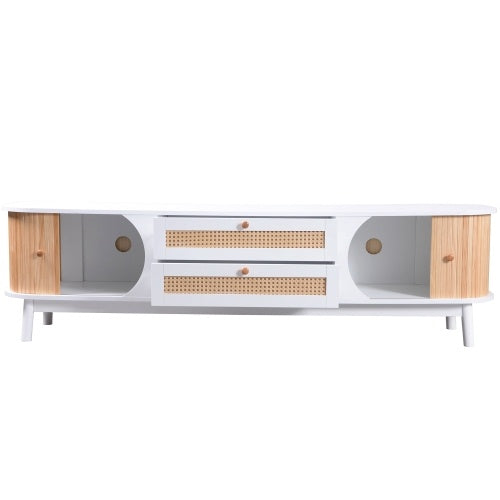Fernseherschrank aus natürlichem Holz mit Türen und Schubladen – TV-Möbel mit Rattanseiten