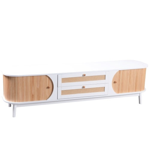 Fernseherschrank aus natürlichem Holz mit Türen und Schubladen – TV-Möbel mit Rattanseiten