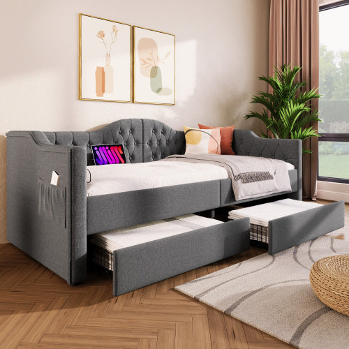 Polsterbett Daybett Schlafsofa Stauraumbetten Bettgestell mit USB Type C Ladefunktion und 2 Schubladen
