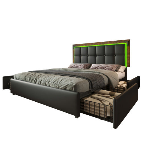 Bettgestell mit LED-Beleuchtungsleiste und 4 Schubladen, Doppelbett Polsterbett 140x200cm, Höhenverstellbarem Kopfteil, Funktionsbett