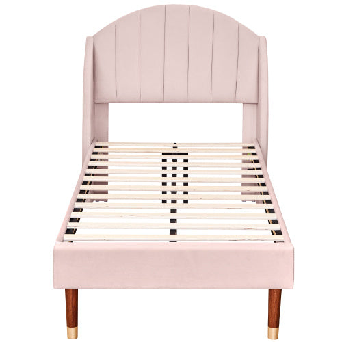 Polsterbett 90*200 mit Lattenrost und Kopfteil, Jugendbett, Einzelbett, Holzlattenunterstützung, Einfache Montage, Samt, Rosa
