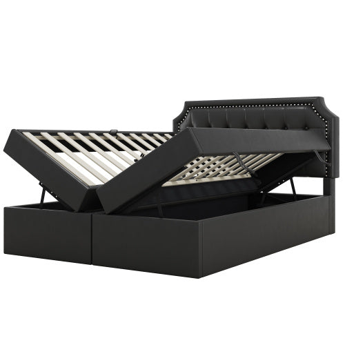 Doppelbett mit Lattenrost aus Metallrahmen, Großer Stauraum, Beidseitig zu öffnen, Schwarz