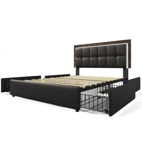 Bettgestell mit LED-Beleuchtungsleiste und 4 Schubladen, Doppelbett Polsterbett 140x200cm, Höhenverstellbarem Kopfteil, Funktionsbett