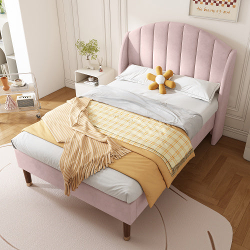 Polsterbett 90*200 mit Lattenrost und Kopfteil, Jugendbett, Einzelbett, Holzlattenunterstützung, Einfache Montage, Samt, Rosa
