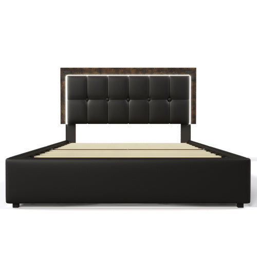 Bettgestell mit LED-Beleuchtungsleiste und 4 Schubladen, Doppelbett Polsterbett 140x200cm, Höhenverstellbarem Kopfteil, Funktionsbett