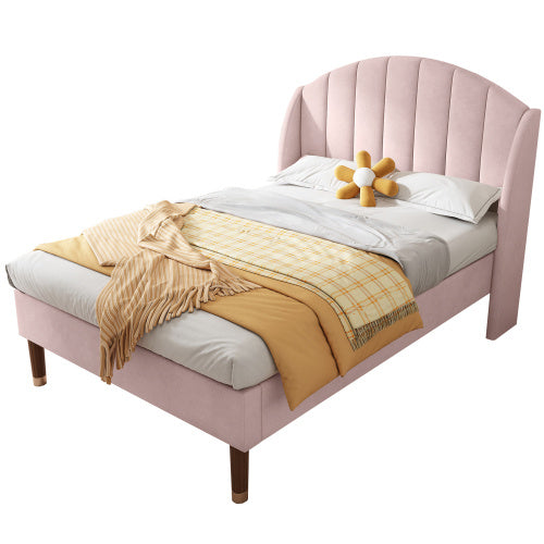Polsterbett 90*200 mit Lattenrost und Kopfteil, Jugendbett, Einzelbett, Holzlattenunterstützung, Einfache Montage, Samt, Rosa