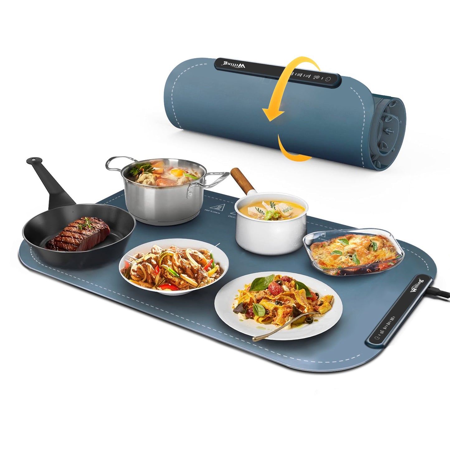 Warmhalteplatte – 3 Temperaturstufen, tragbar, geeignet für Edelstahl, Keramik, Glas-Emaille – Navy Blau