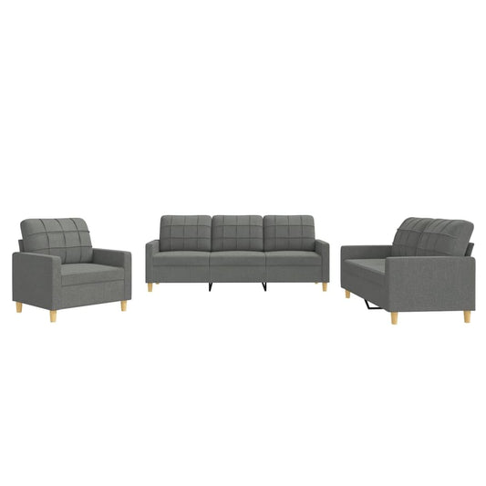 Sofa-Set 3-teilig mit Armchair, Couch mit Kissen, Wohnzimmer-Sofa mit Armlehnen, Sofaset, Designer-Sofa, Sitzmöbel, Polstermöbel, Hellgraues Stoffdesign