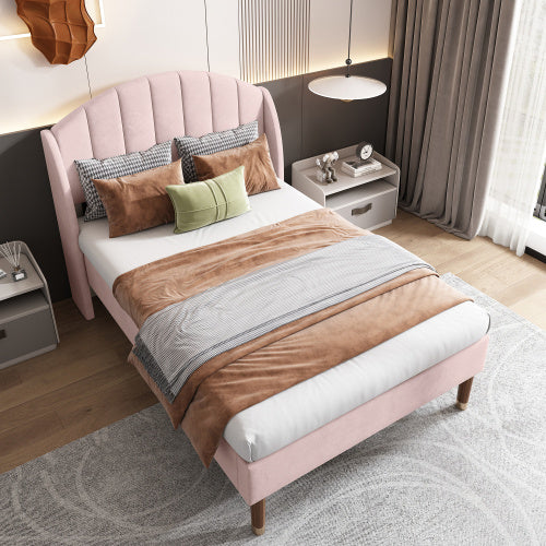 Polsterbett 90*200 mit Lattenrost und Kopfteil, Jugendbett, Einzelbett, Holzlattenunterstützung, Einfache Montage, Samt, Rosa